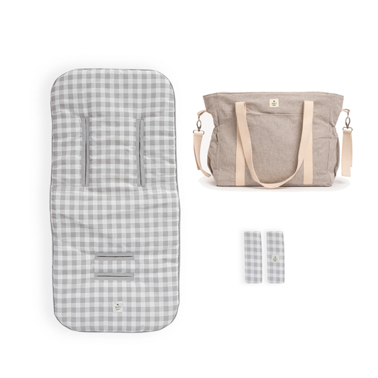 Pack Coche Vichy Gris + Bolso Maternidad Gris